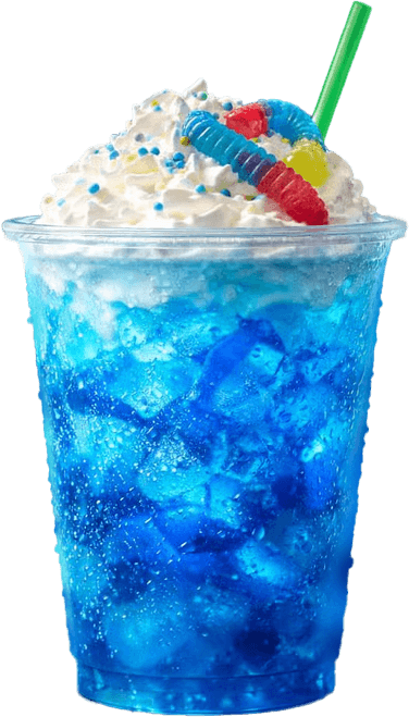 Blue dirty soda kit drink with ice, whipped cream, candy garnish, and green straw