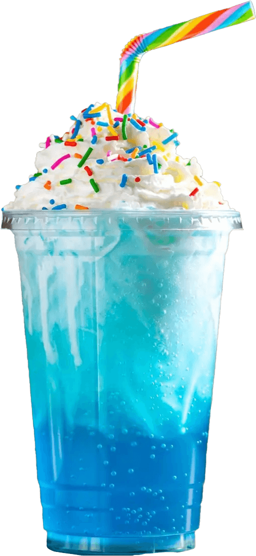 Blue energy drink kit drink with ice, whipped cream, rainbow sprinkles, and colorful straw