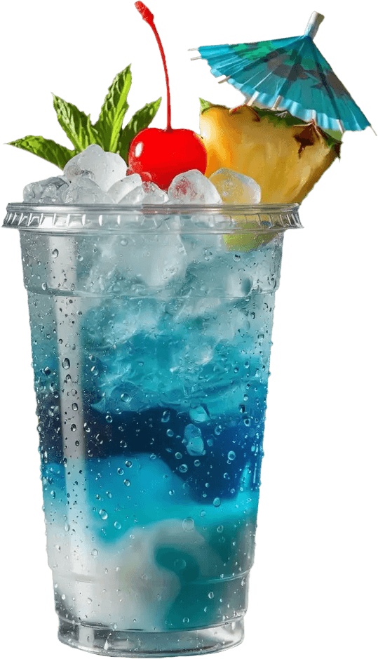 Blue tropical mocktail kit drink with ice, pineapple, cherry, mint, umbrella, and straw