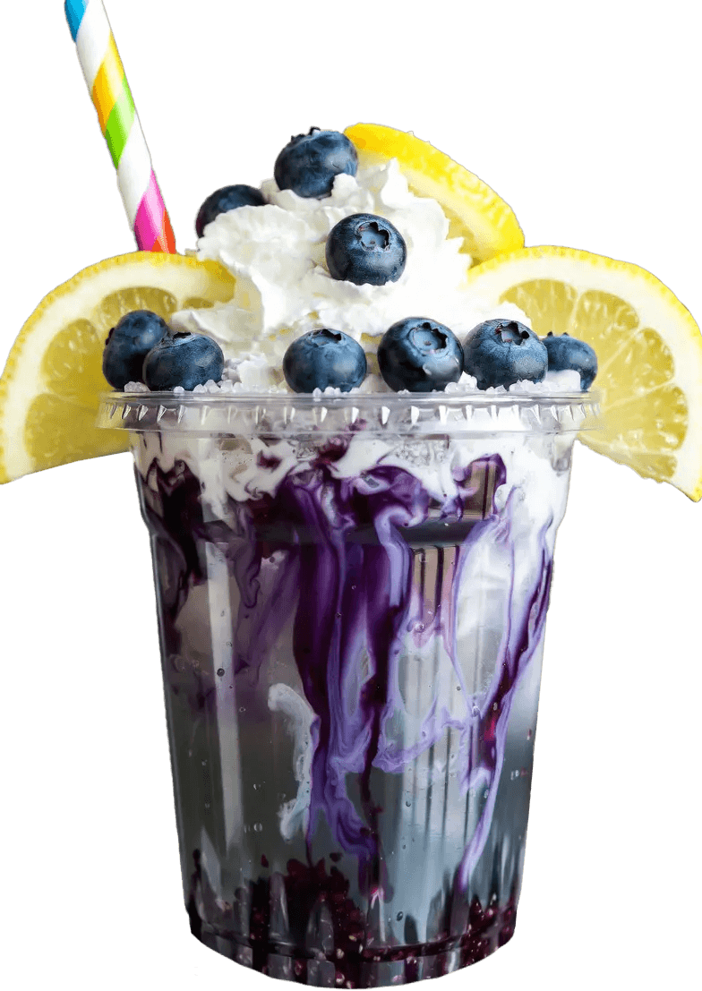 Blueberry lemonade kit drink with ice, whipped cream, blueberries, lemon slices, and colorful straw