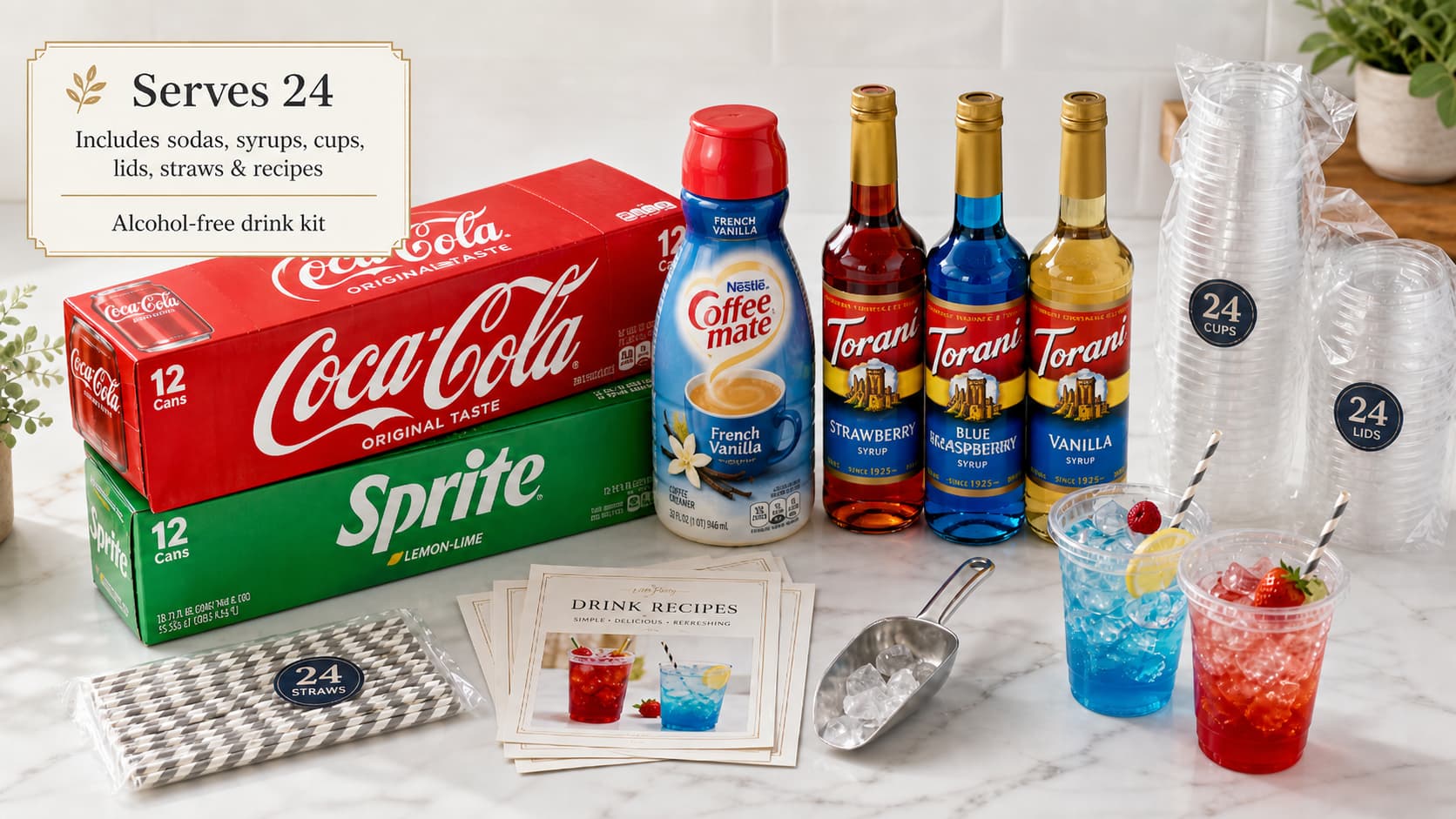 Alcohol-free drink party kit for 24 servings with soda, syrups, creamer, cups, lids, straws, recipes, scoop, and finished drinks