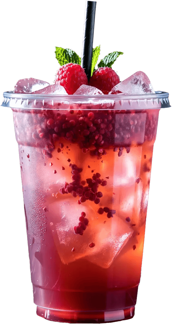 Raspberry iced tea kit drink with ice, raspberries, mint, and black straw