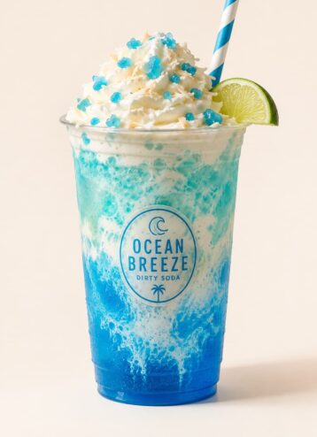 Ocean Breeze dirty soda with blue raspberry soda, creamy swirls, whipped cream, coconut flakes and tropical garnish