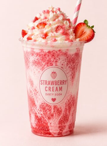 Strawberry Cream dirty soda with creamy strawberry soda, whipped topping, fresh strawberries and dessert-style garnish
