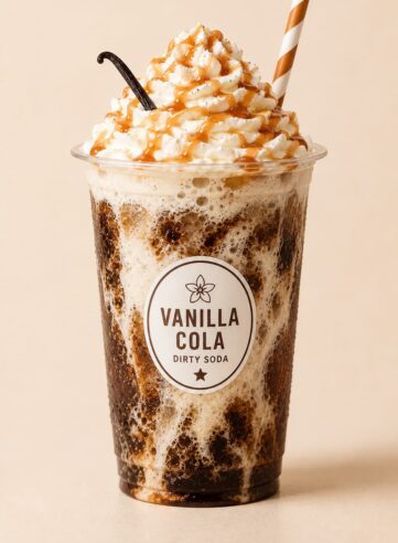 Vanilla Cola dirty soda with creamy cola swirls, whipped topping, caramel drizzle and vanilla garnish